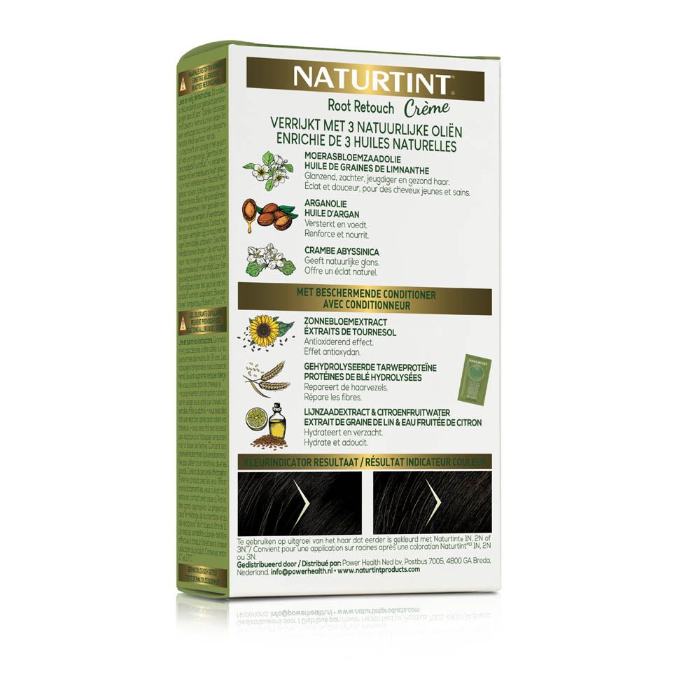 Boîte de crème colorante pour cheveux. NATURTINT® Root Retouch. Dos avec ingrédients et instructions. Coloration permanente.