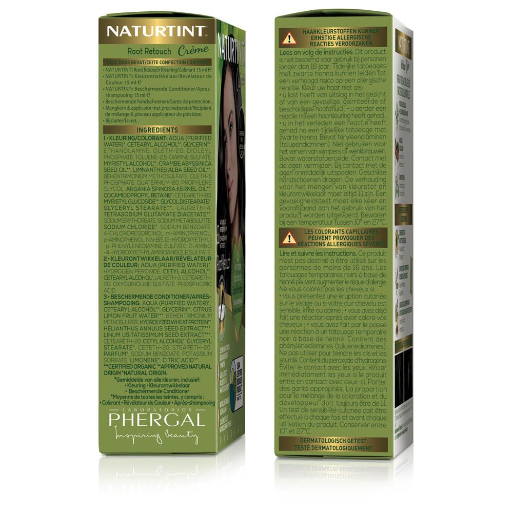 Haarkleurcrème verpakking. NATURTINT® Root Retouch. Zijkant met ingrediënten en instructies. Permanente haarkleuring.