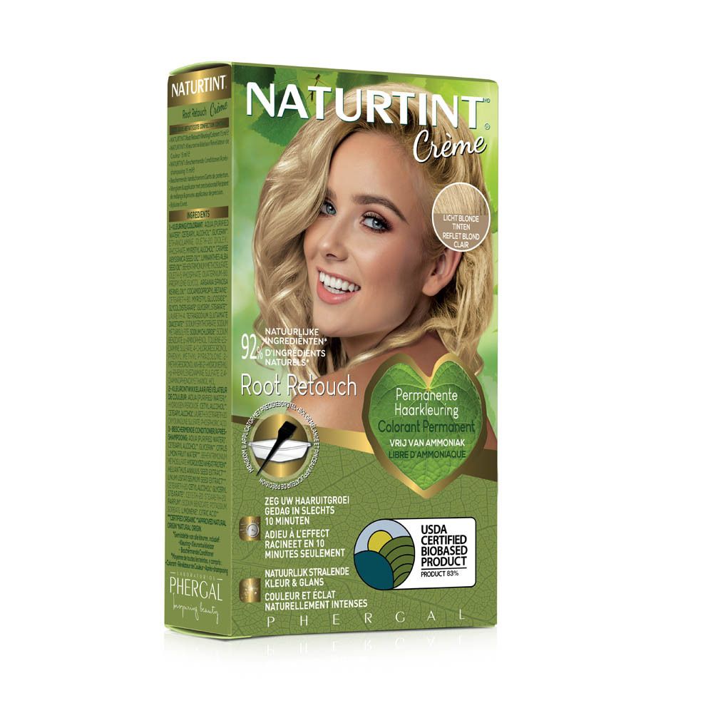 Haarverfcrème verpakking. NATURTINT® Root Retouch. Lichtblond. Vrouw met blond haar. USDA-certificering.