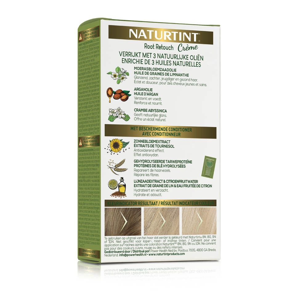 Achterkant van de haarverfcrème verpakking. NATURTINT® Root Retouch. Ingrediënten. Kleurresultaat-indicator.
