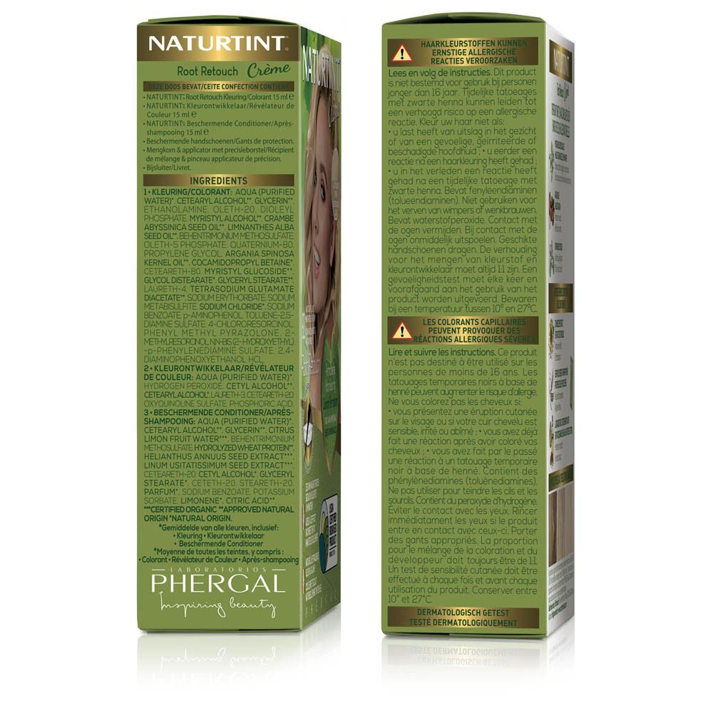 Verpakking van de haarverfcrème NATURTINT® Root Retouch. Ingrediënten en instructies. Achterkant van de verpakking.