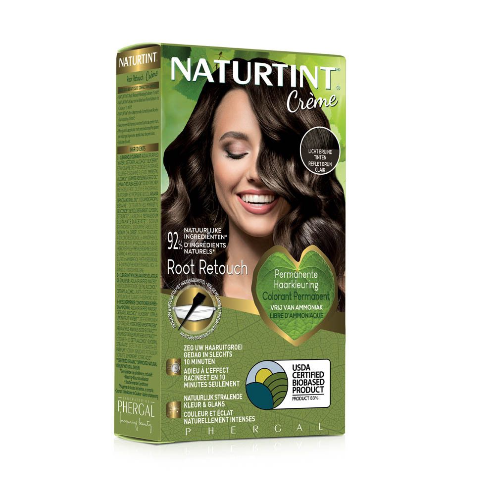 Doos NATURTINT® Root Retouch. Vrouw met bruin haar. Lichtbruine reflectie. 92% natuurlijke ingrediënten. Permanente haarkleuring.