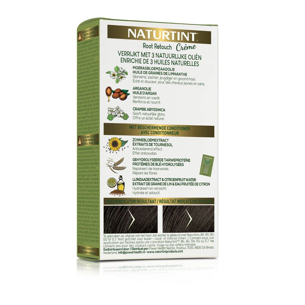 Dos de la boîte NATURTINT® Root Retouch. Huiles, extrait de tournesol, protéines de blé, extrait de citron.