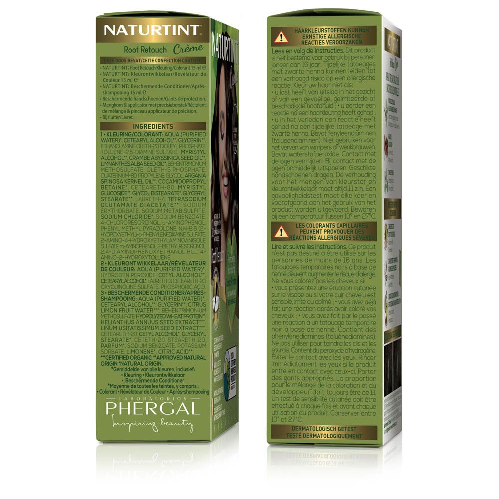 Zijaanzicht van de doos NATURTINT® Root Retouch. Waarschuwingen en gebruiksaanwijzing.