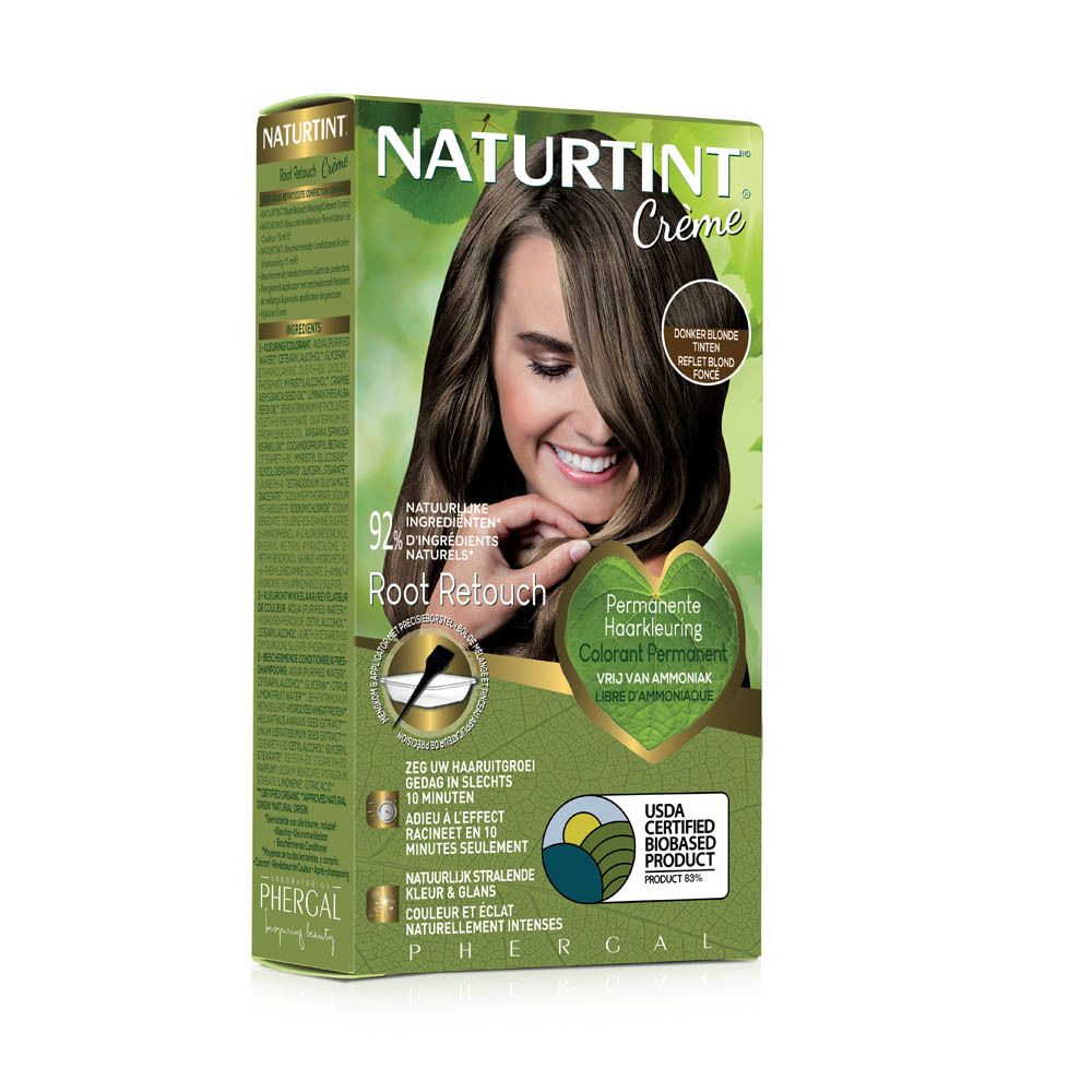 Vooraanzicht van de haarverfdoos. Merk NATURTINT. Root Retouch, donkerblond. Blonde vrouw.