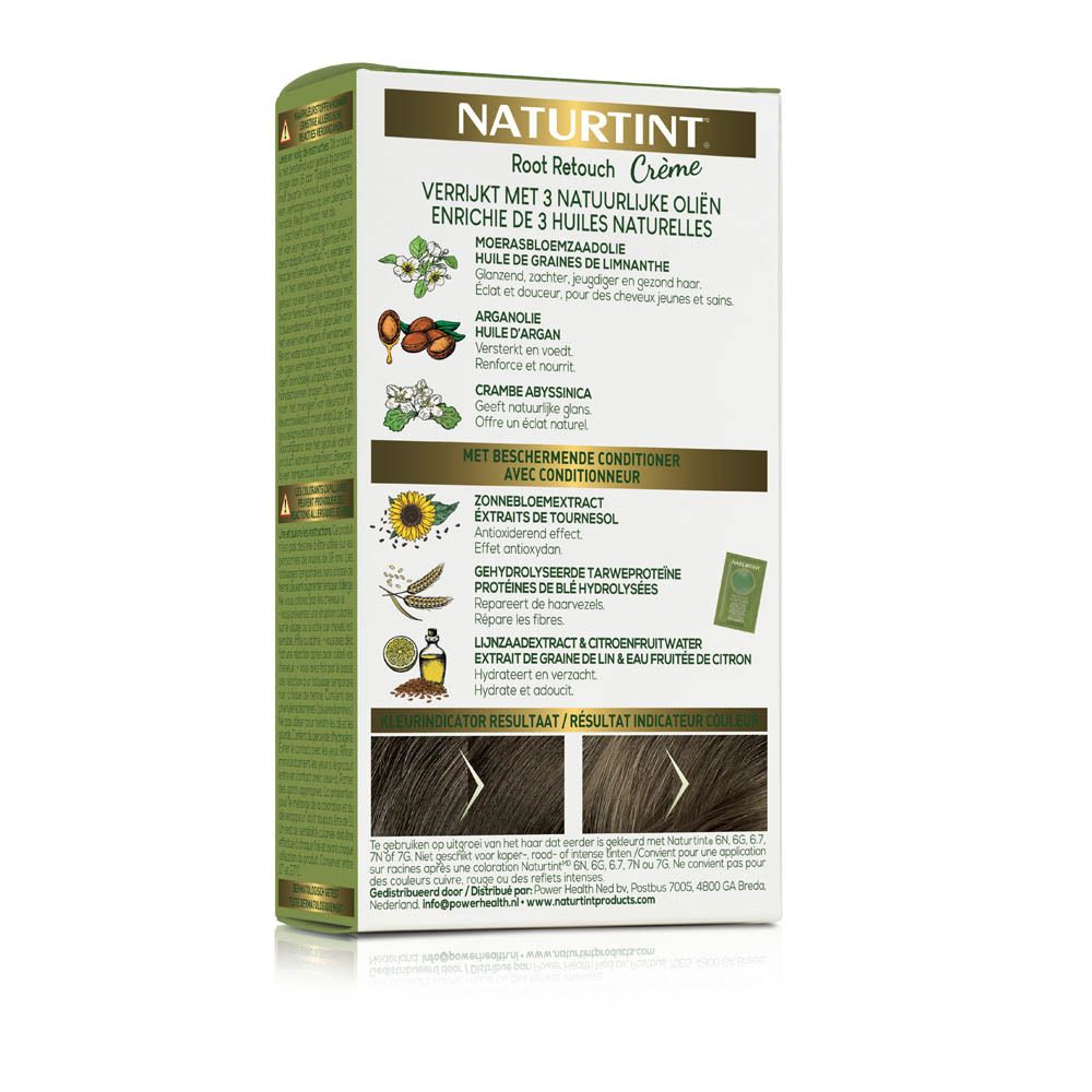 Achterkant van de haarverfdoos. Merk NATURTINT. Ingrediënten en afbeeldingen van oliën: Argan, lijnzaad, zonnebloem.