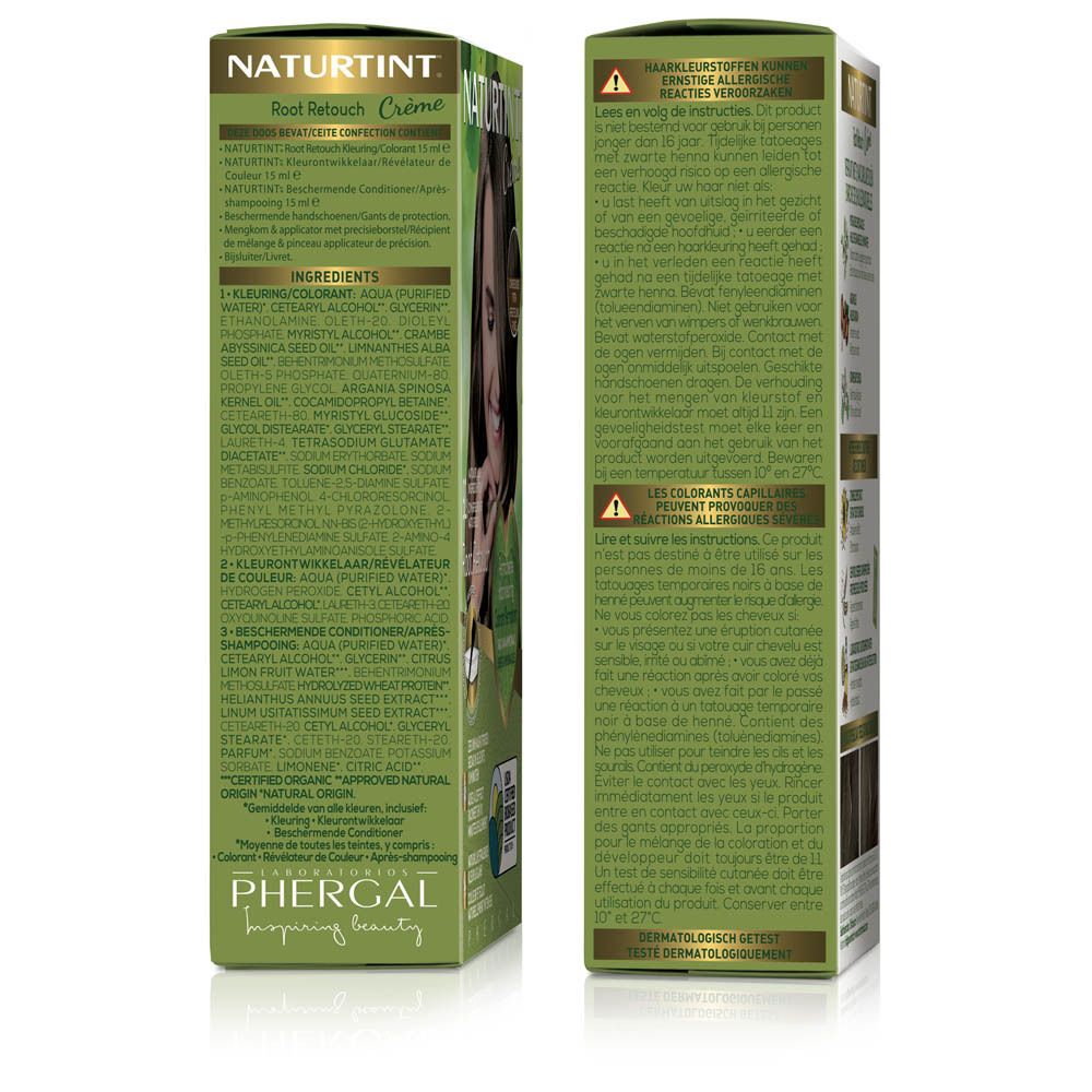 Vue latérale de la boîte de crème colorante. Marque NATURTINT. Texte: Root Retouch. Avertissements et mode d'emploi.