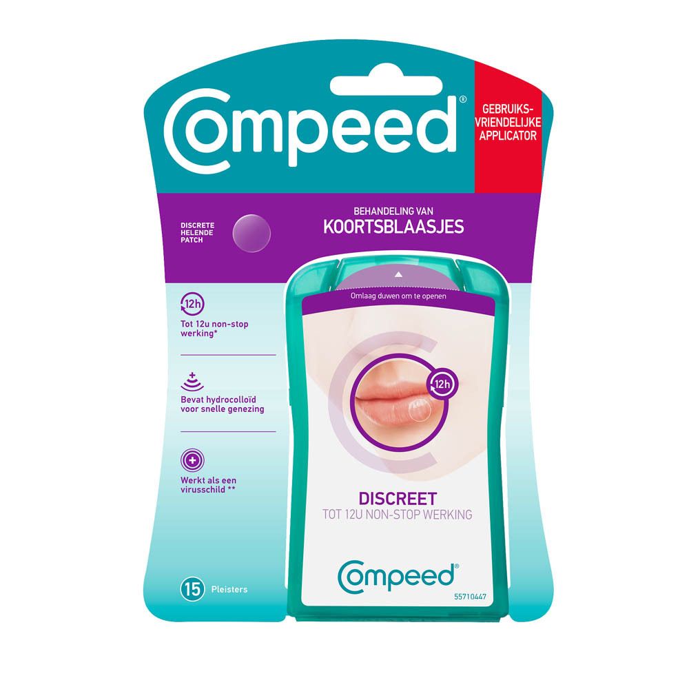 Verpakking Compeed® koortslip. 15 pleisters. Met applicator. Discreet.
