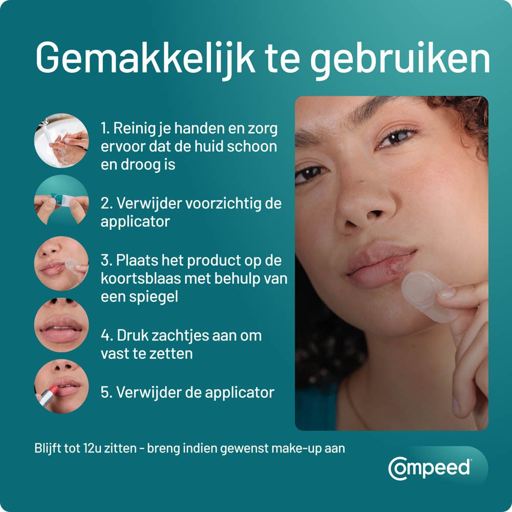 Gebruiksaanwijzing. Vrouw met product. 1. Handen wassen. 2. Applicator verwijderen.