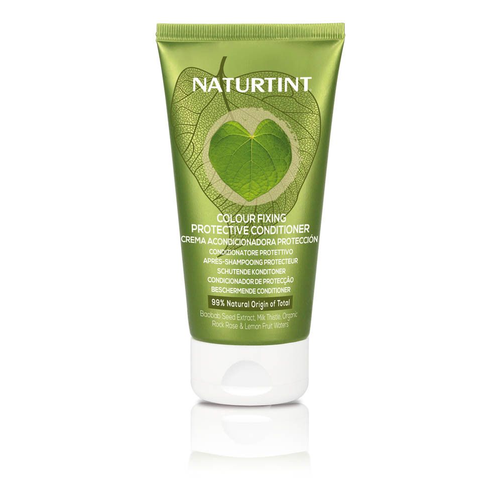 Groene tube met productnaam en informatie. Opschrift: COLOUR FIXING PROTECTIVE CONDITIONER. 99% Natural Origin of Total.