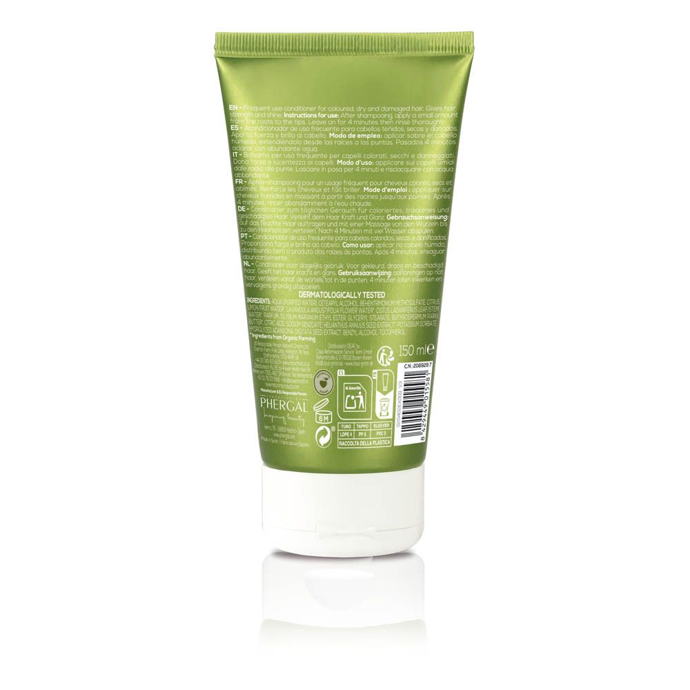 Achterkant van een groene tube met tekst. Bevat informatie over gebruik en ingrediënten. Opschrift: DERMATOLOGICALLY TESTED. 150 ml.