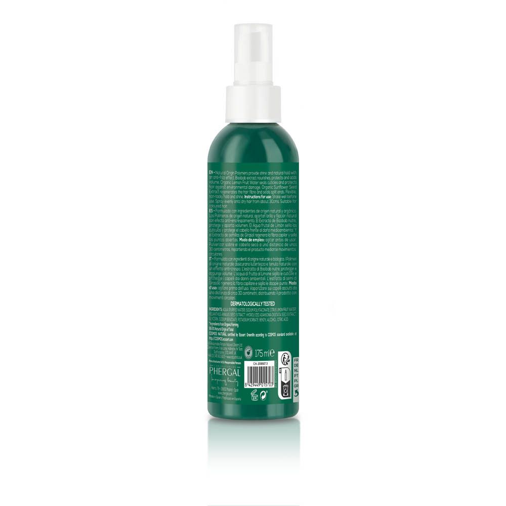 Flacon vert NATURTINT® ECO Laque Spray. Dos avec texte. Tête de pulvérisation blanche. Certification COSMOS NATURAL.