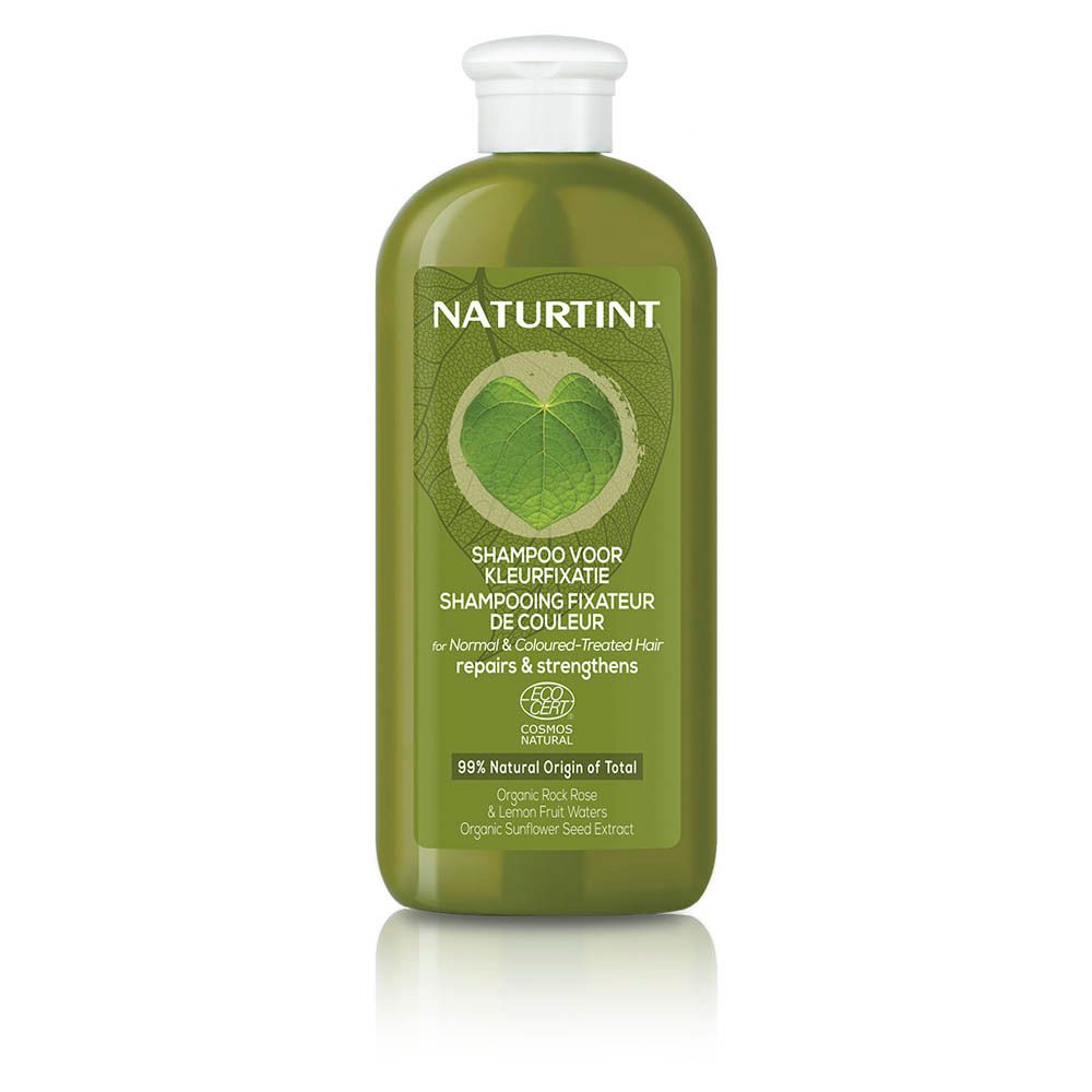Bouteille verte NATURTINT® Shampoo pour cheveux colorés, avec motif feuille et label ECO CERT.