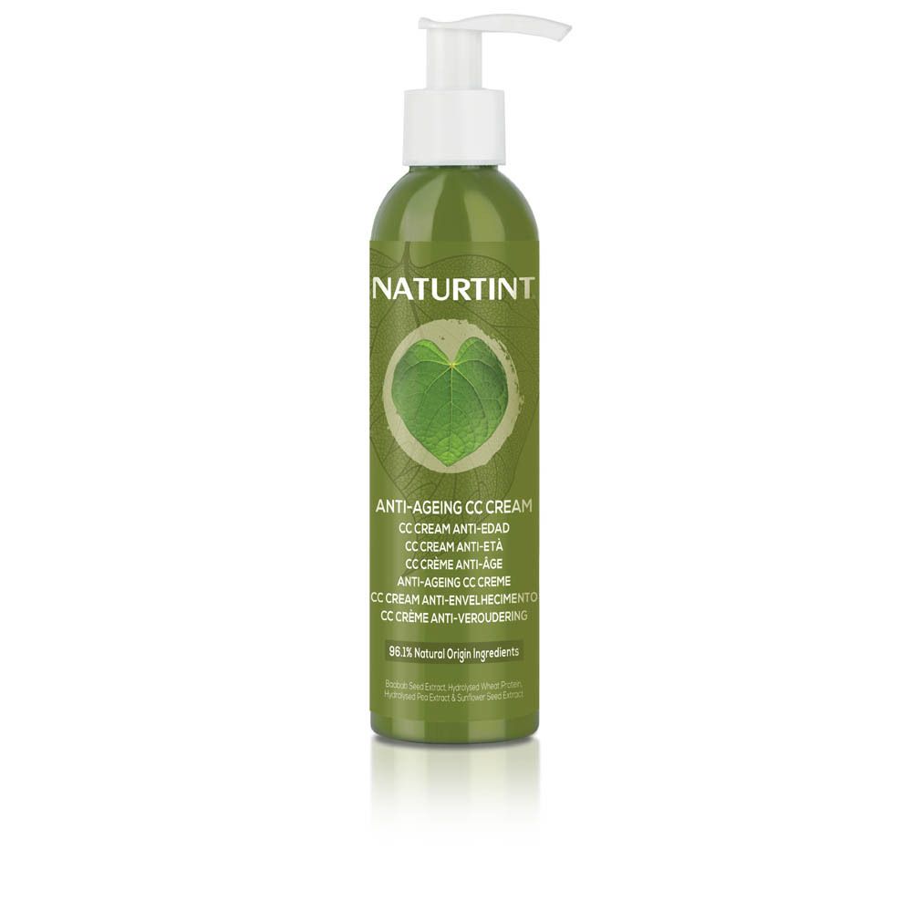 Groene fles met pomp. Opschrift NATURTINT, ANTI-AGEING CC CREAM. 96% Natuurlijke ingrediënten.