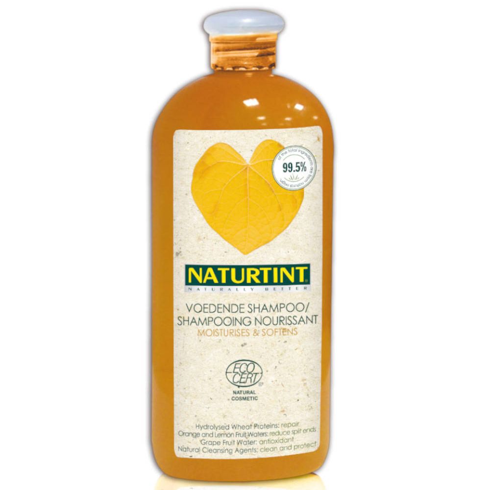 Flacon orange avec bouchon blanc. Étiquette avec nom NATURTINT et logo ECOCERT. Symbole de feuille.