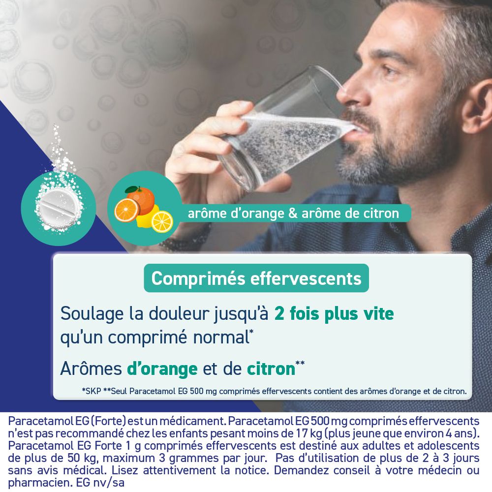 Homme buvant de l'eau avec des comprimés effervescents dissous. Arômes orange et citron. Paracetamol EG Forte.