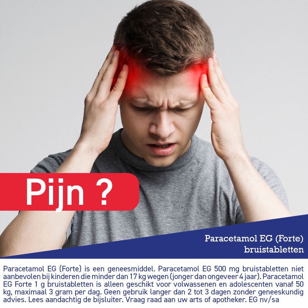 Man met handen op slapen, rood pijngebied boven slapen. Paracetamol EG (Forte) bruistabletten.