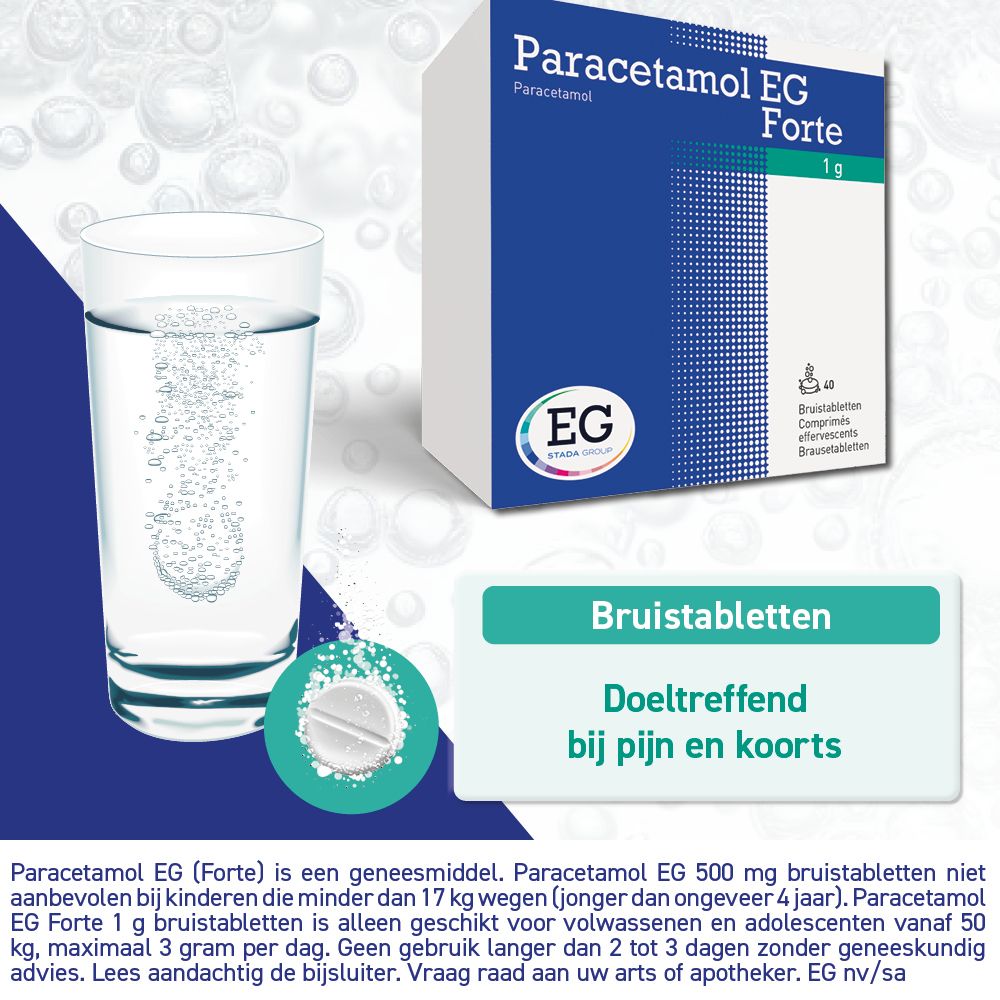 Bruistabletten Paracetamol EG Forte met glas water en verpakking. 1g.
