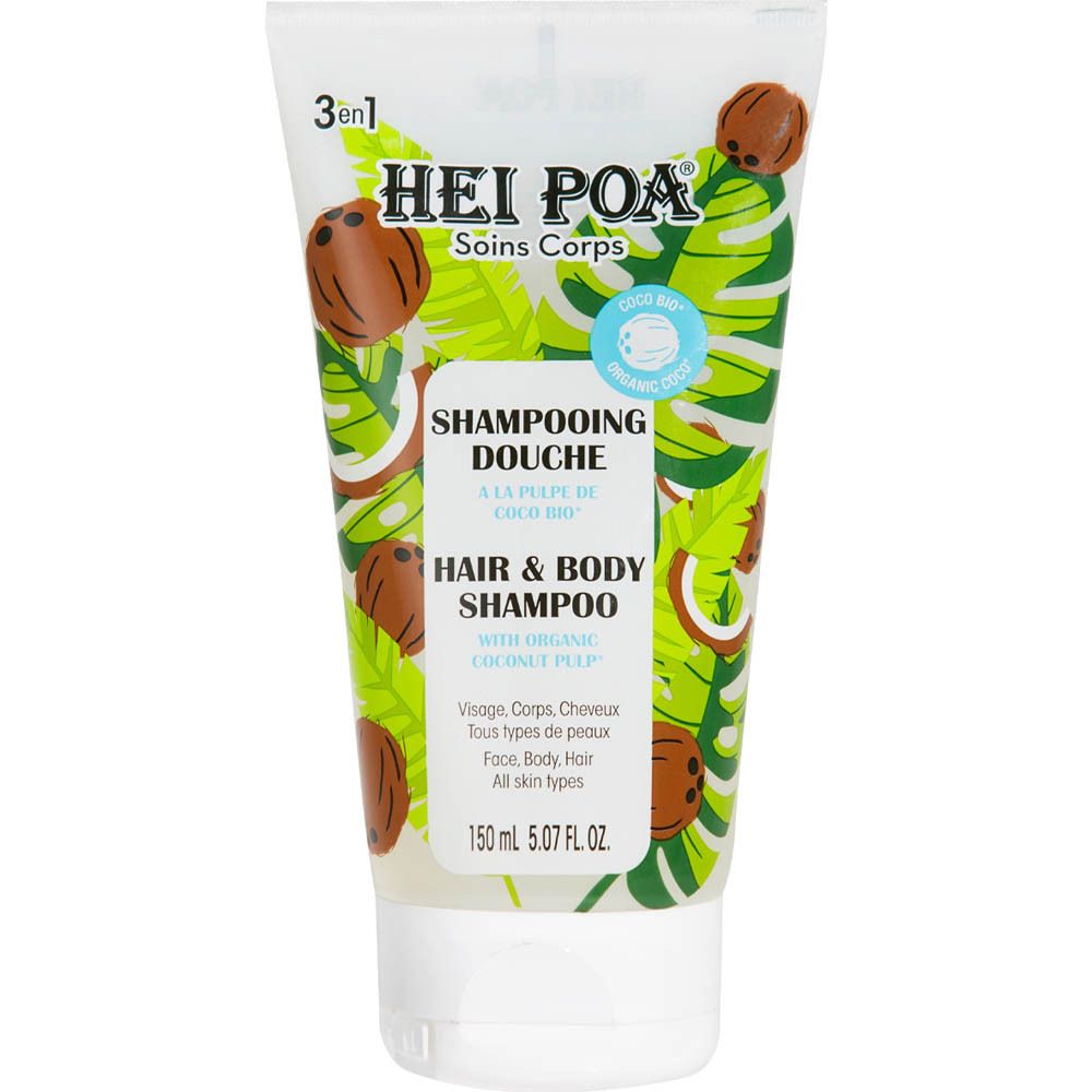 Tube blanc transparent avec illustrations de noix de coco vertes et marron. Texte : Hei Poa, Shampooing Douche, Hair & Body Shampoo.