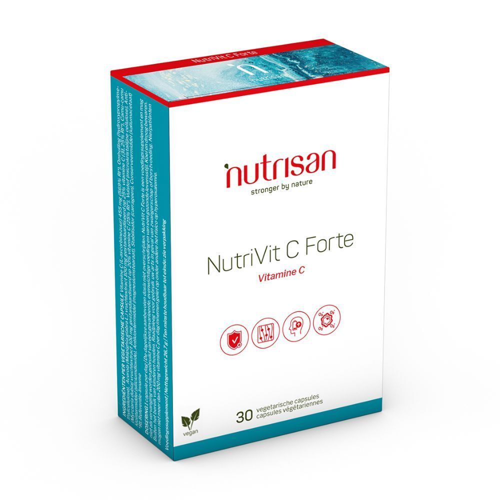 Boîte Nutrisan NutriVit C Forte. Emballage blanc avec logo rouge et nom du produit. 30 capsules végétariennes.