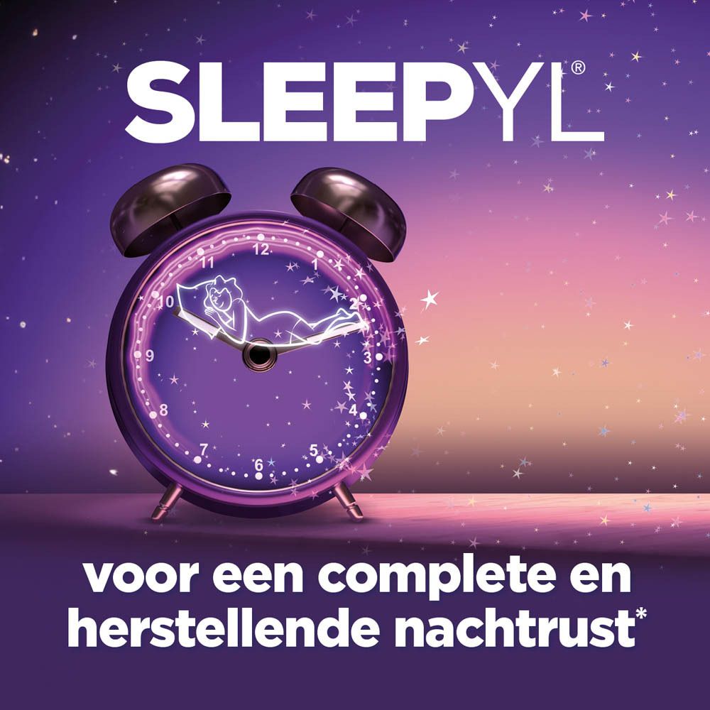 SLEEPYL-doos, kwalitatieve slaap. Bevat melatonine. Paarse en blauwe kleuren. Tekst in het Nederlands.