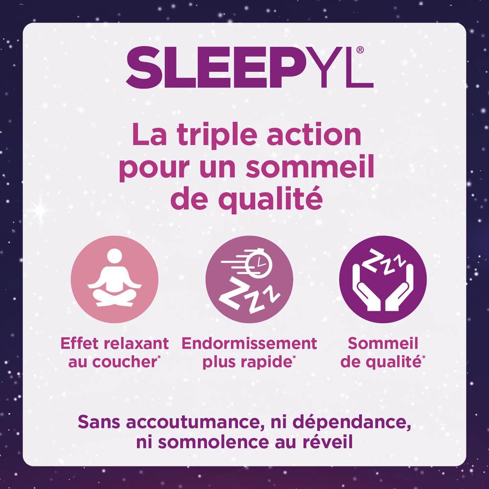 Boîte SLEEPYL, sommeil de qualité. Contient de la mélatonine. Couleurs violet et bleu.