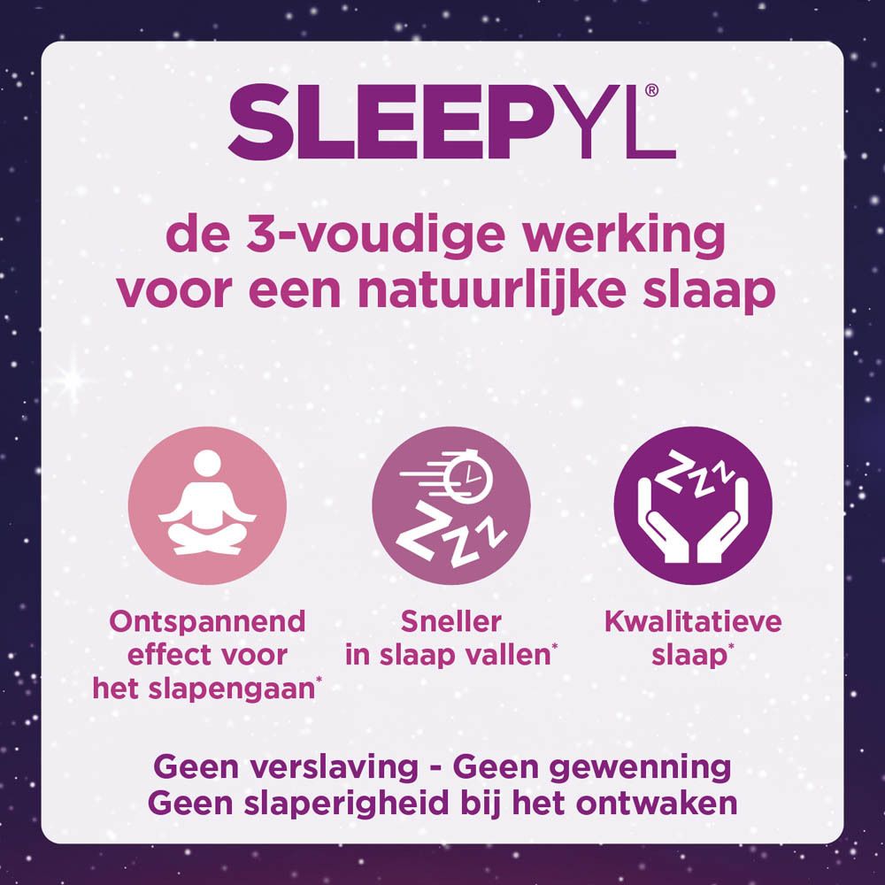 SLEEPYL-doos, kwalitatieve slaap. Bevat melatonine. Paarse en blauwe kleuren. Tekst in het Nederlands.