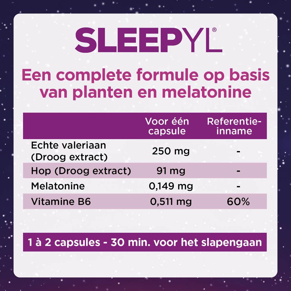 SLEEPYL-doos, kwalitatieve slaap. Bevat melatonine. Paarse en blauwe kleuren. Tekst in het Nederlands.