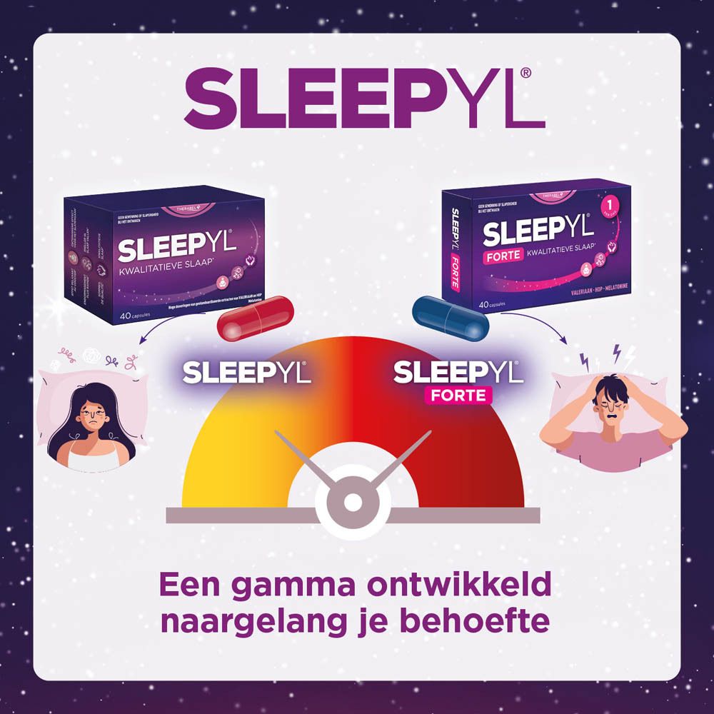SLEEPYL-doos, kwalitatieve slaap. Bevat melatonine. Paarse en blauwe kleuren. Tekst in het Nederlands.