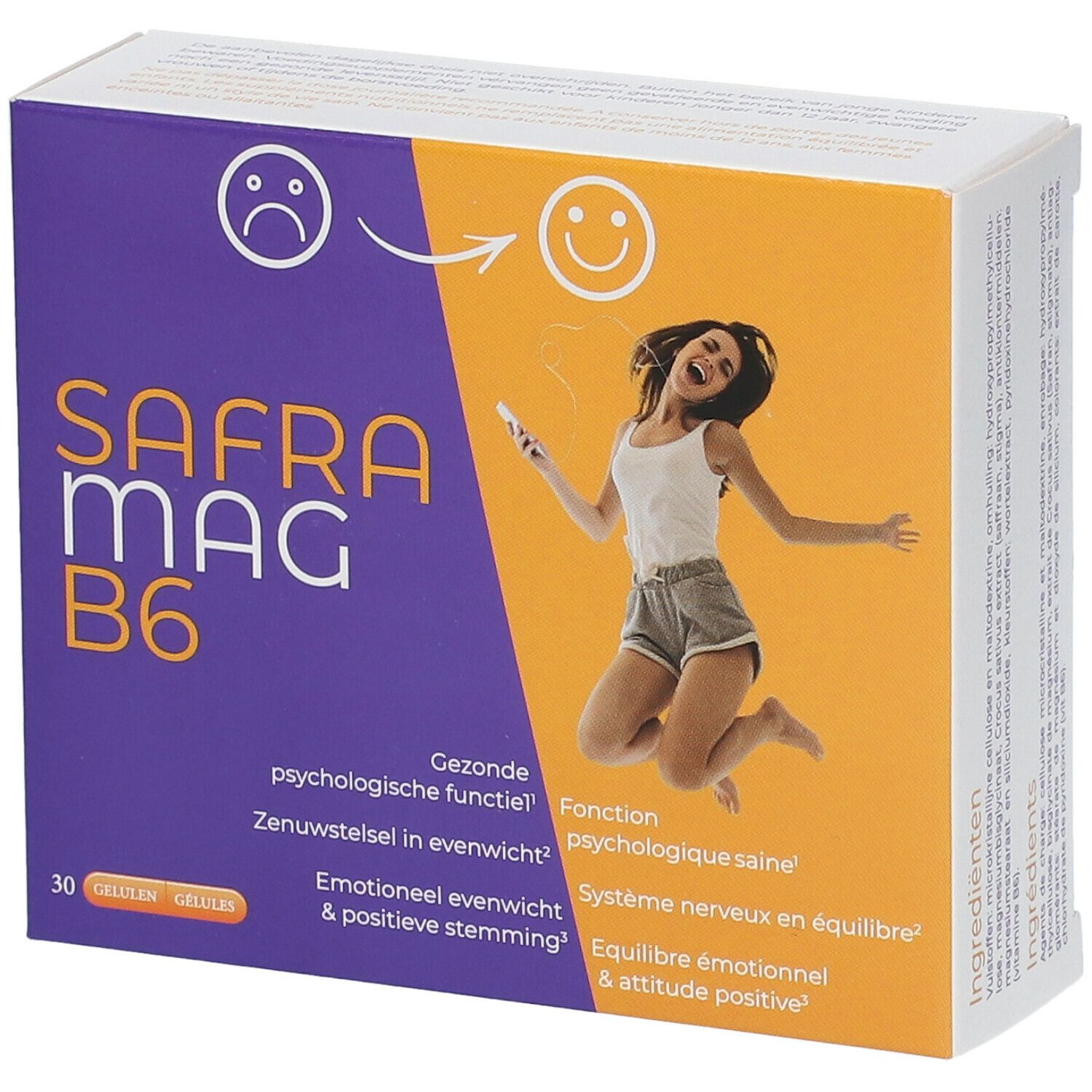 Boîte de Saframag B6. Design violet et orange avec texte et femme sautant. Contient 30 gélules.