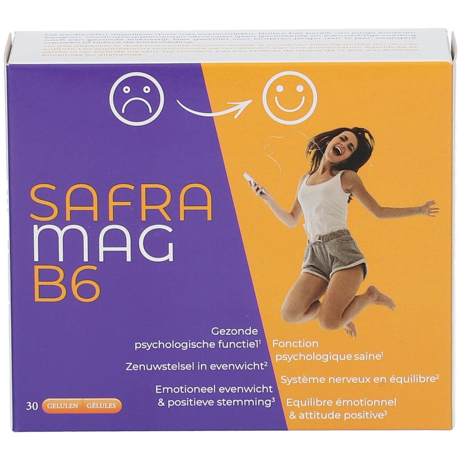 Boîte de Saframag B6. Design violet et orange avec texte et femme sautant. Contient 30 gélules.
