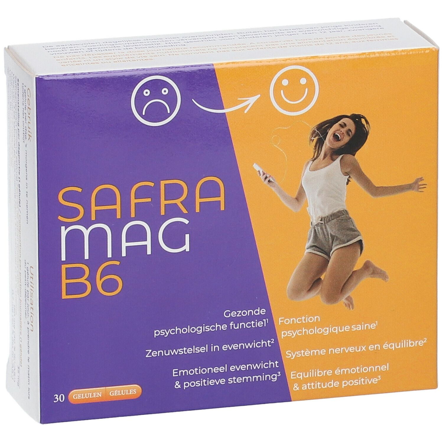 Boîte de Saframag B6. Design violet et orange avec texte et femme sautant. Contient 30 gélules.