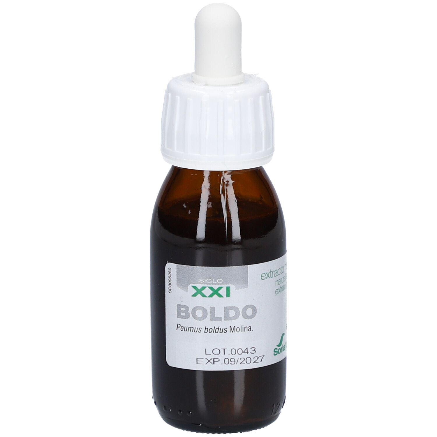 Bruine glazen fles met witte dop en pipet. Etiket met productinformatie.