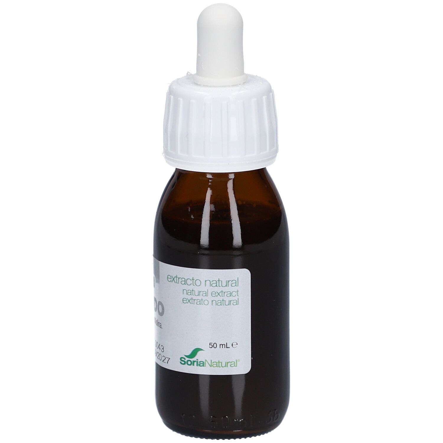 Bruine glazen fles met witte dop en pipet. Etiket met informatie, 50 ml.