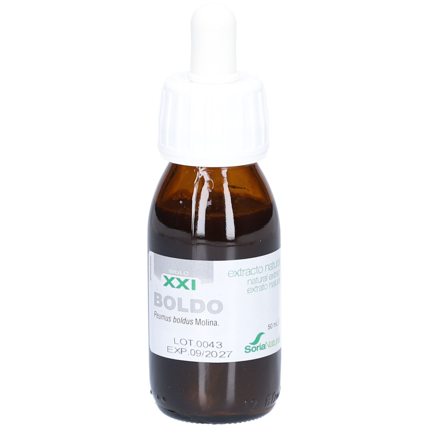 Bruine glazen fles met witte dop en pipet. Etiket met productinformatie.