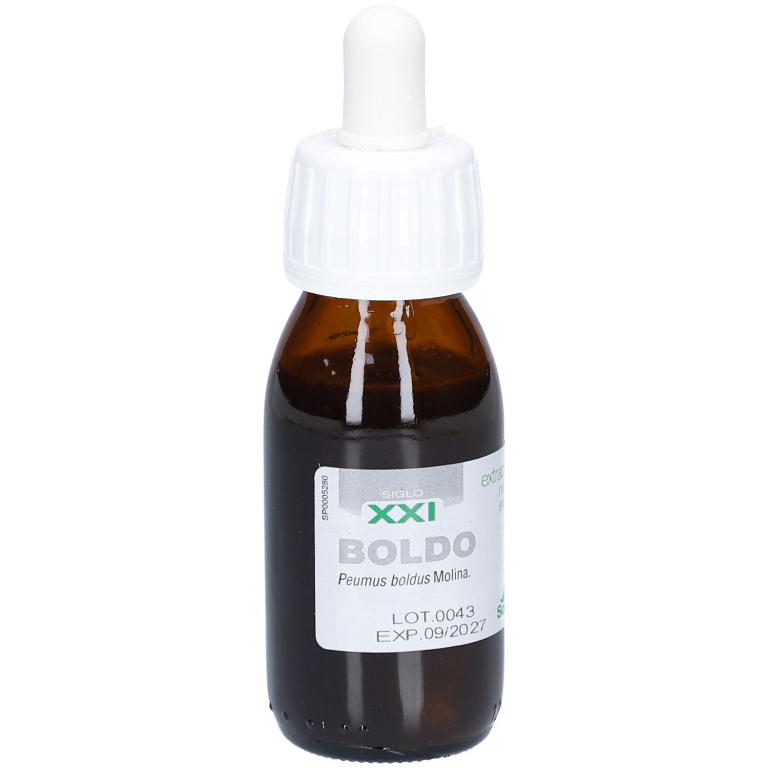 Bruine glazen fles met witte dop en pipet. Etiket met productinformatie.