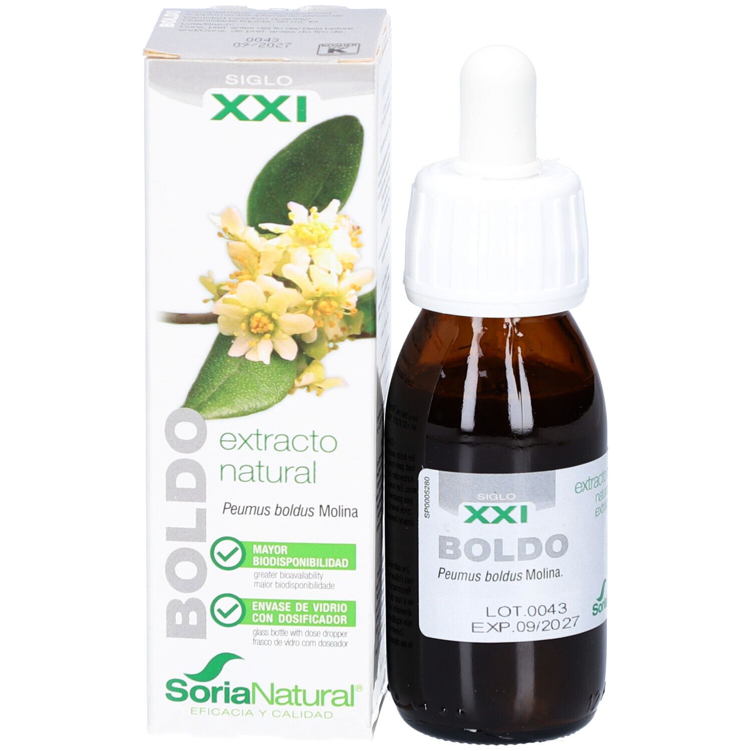Bruine glazen fles met pipet, naast een witte doos. Op de doos: productnaam, logo, illustratie.