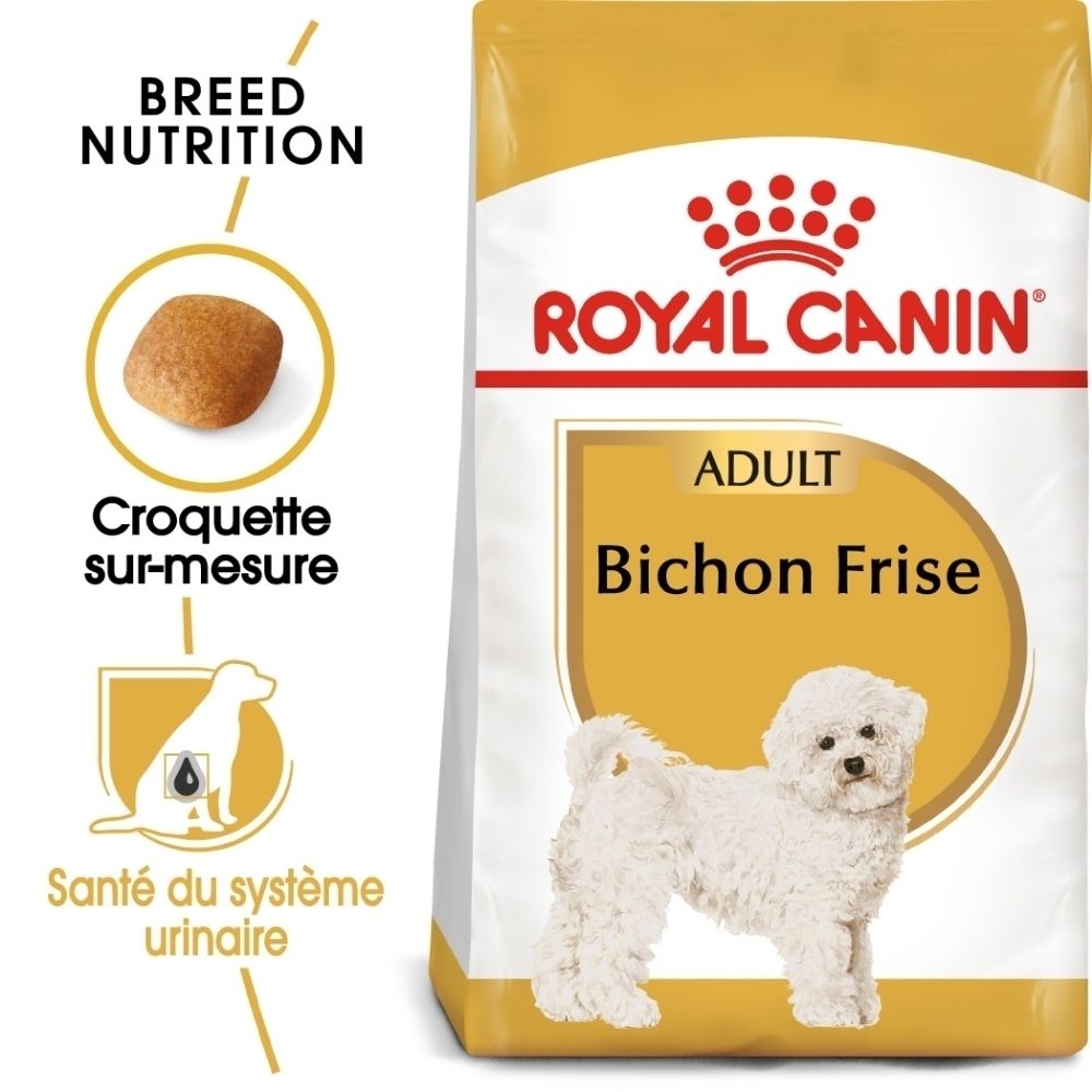 Nourriture pour chien Royal Canin Bichon Frisé adulte. Sac avec image de chien et informations produit.