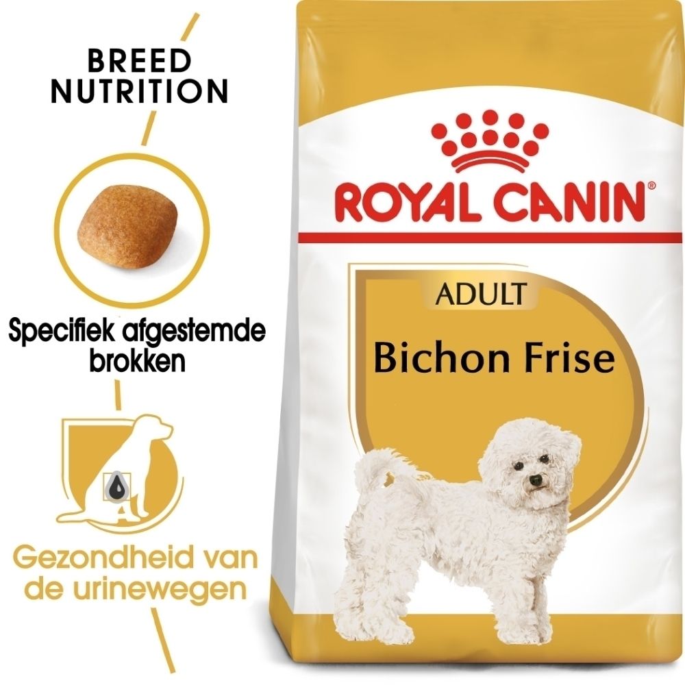 Royal Canin hondenvoer zak voor volwassen Bichon Frisé, met afbeelding van een hond.