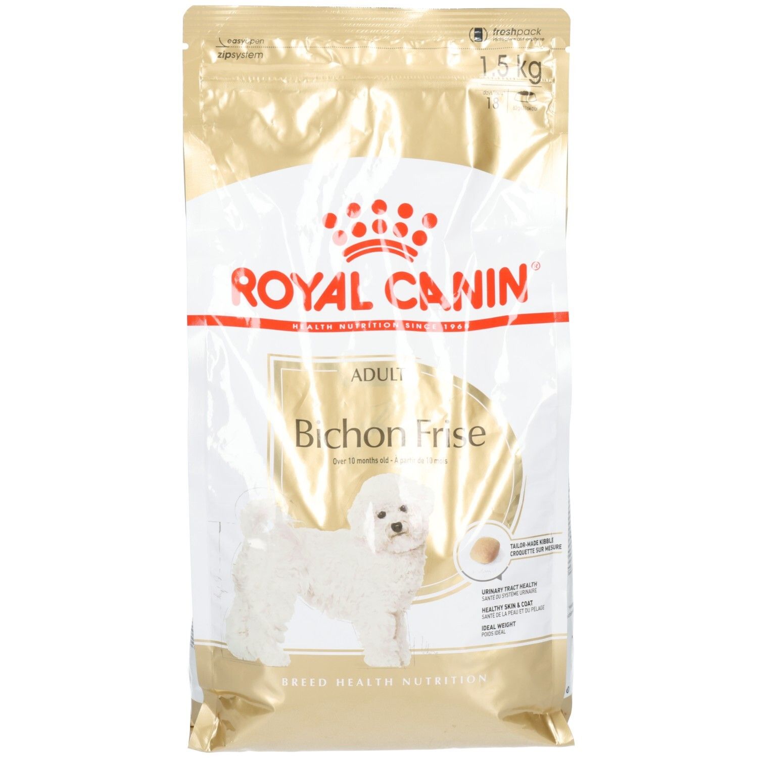 Royal Canin Bichon Frise Adult hondenvoer, 1,5 kg zak met hondenafbeelding en productinformatie.