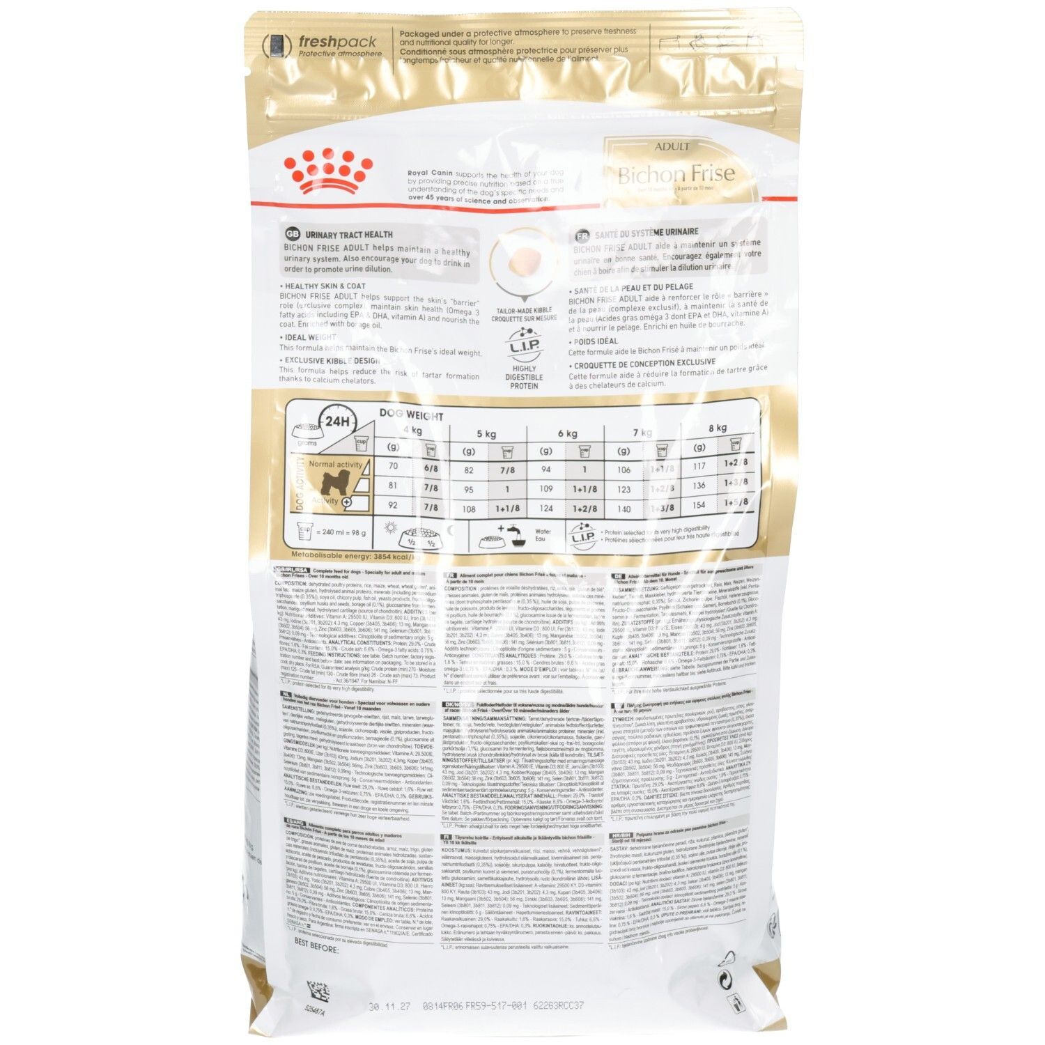 Achterkant van de Royal Canin Bichon Frise Adult voerzak met gedetailleerde voeradviezen en ingrediënten.