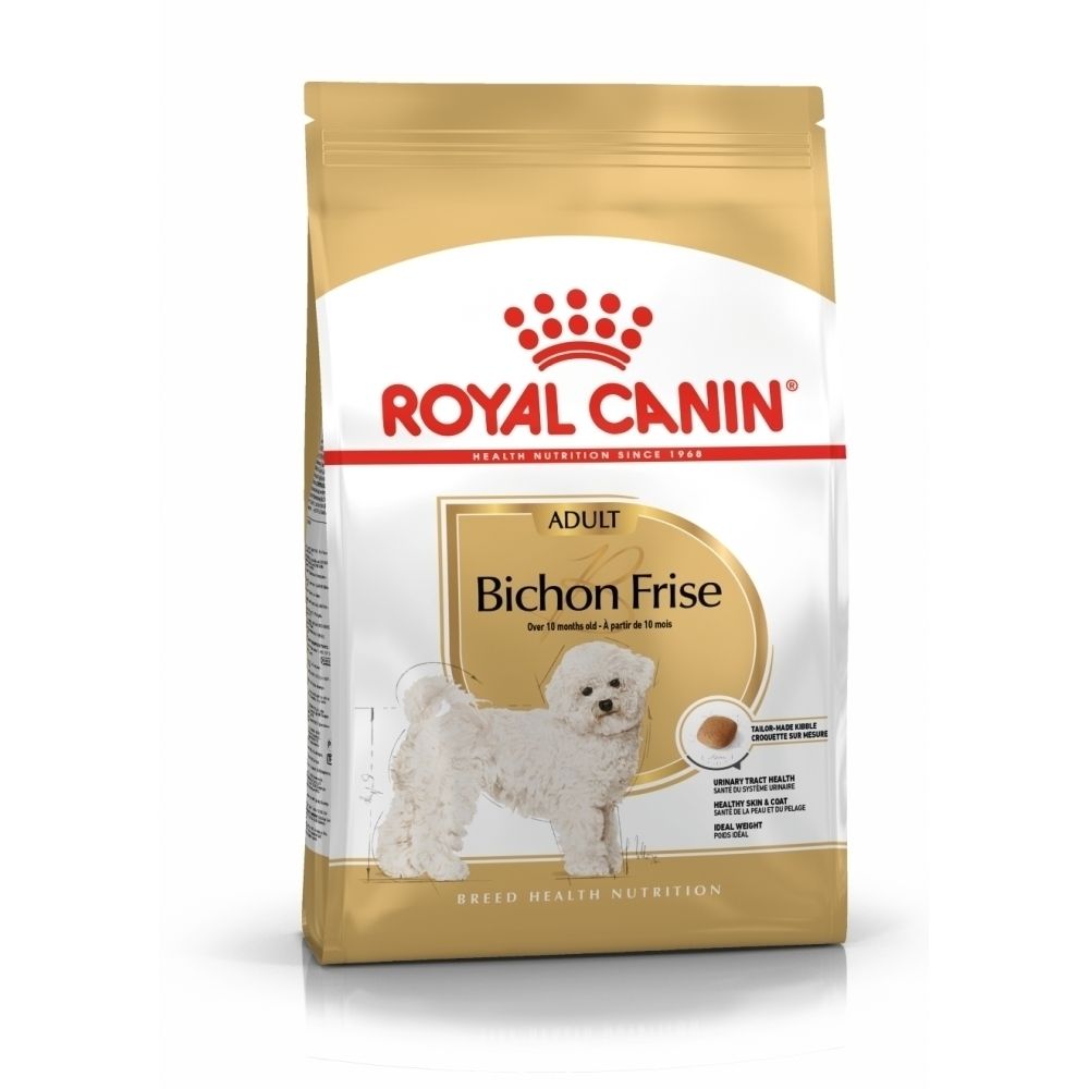 Sac de nourriture Royal Canin pour chien adulte Bichon Frisé avec image de chien.