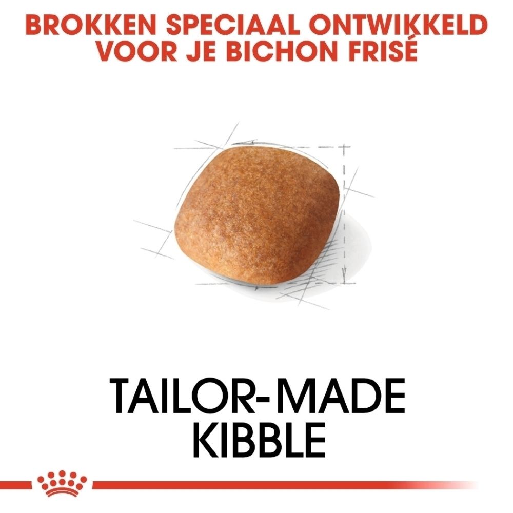 Een enkele bruine hondenbrok, met technische tekeningen op de achtergrond.