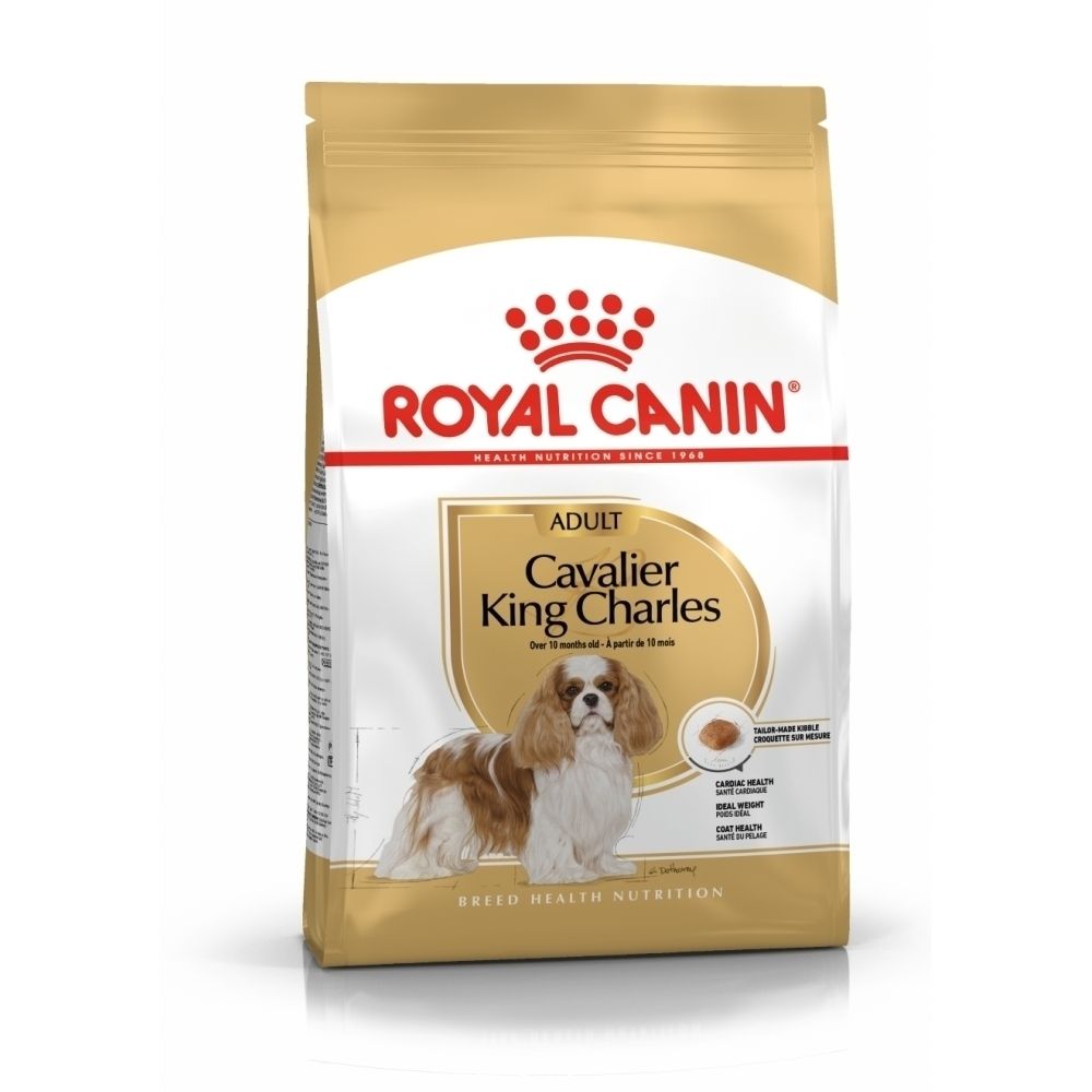 Nourriture pour chien Royal Canin pour Cavalier King Charles adultes. Emballage doré et blanc avec image de chien.