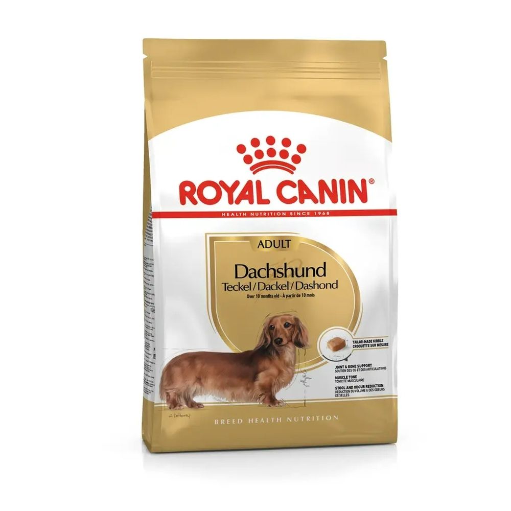 Royal Canin Dachshund Adult hondenvoer verpakking met afbeelding van een teckel en productinformatie.