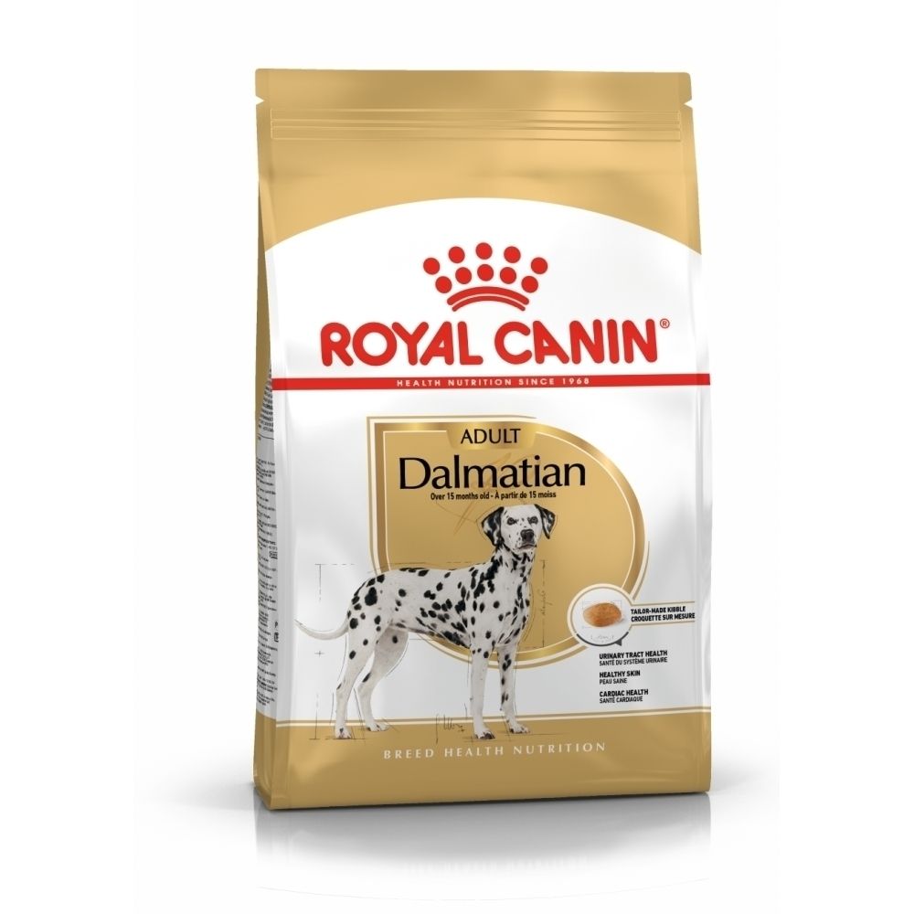 Voorkant van een Royal Canin Dalmatian Adult hondenvoerzak met hondenafbeelding.