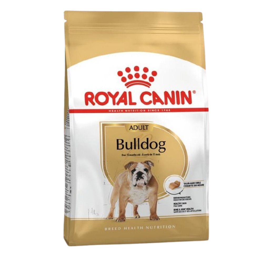 Zak hondenvoer Royal Canin Adult Bulldog met afbeelding van een bulldog.
