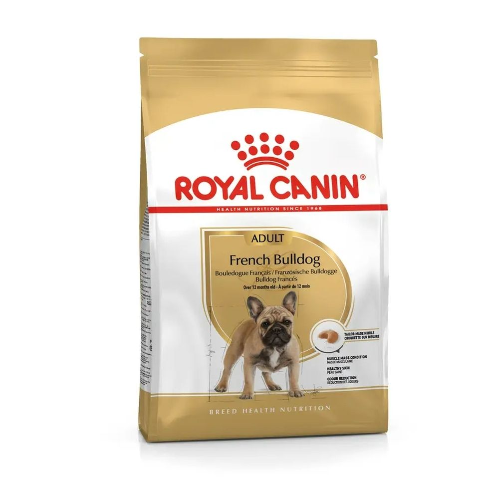 Royal Canin French Bulldog Adult hondenvoer verpakking met afbeelding van een Franse buldog.