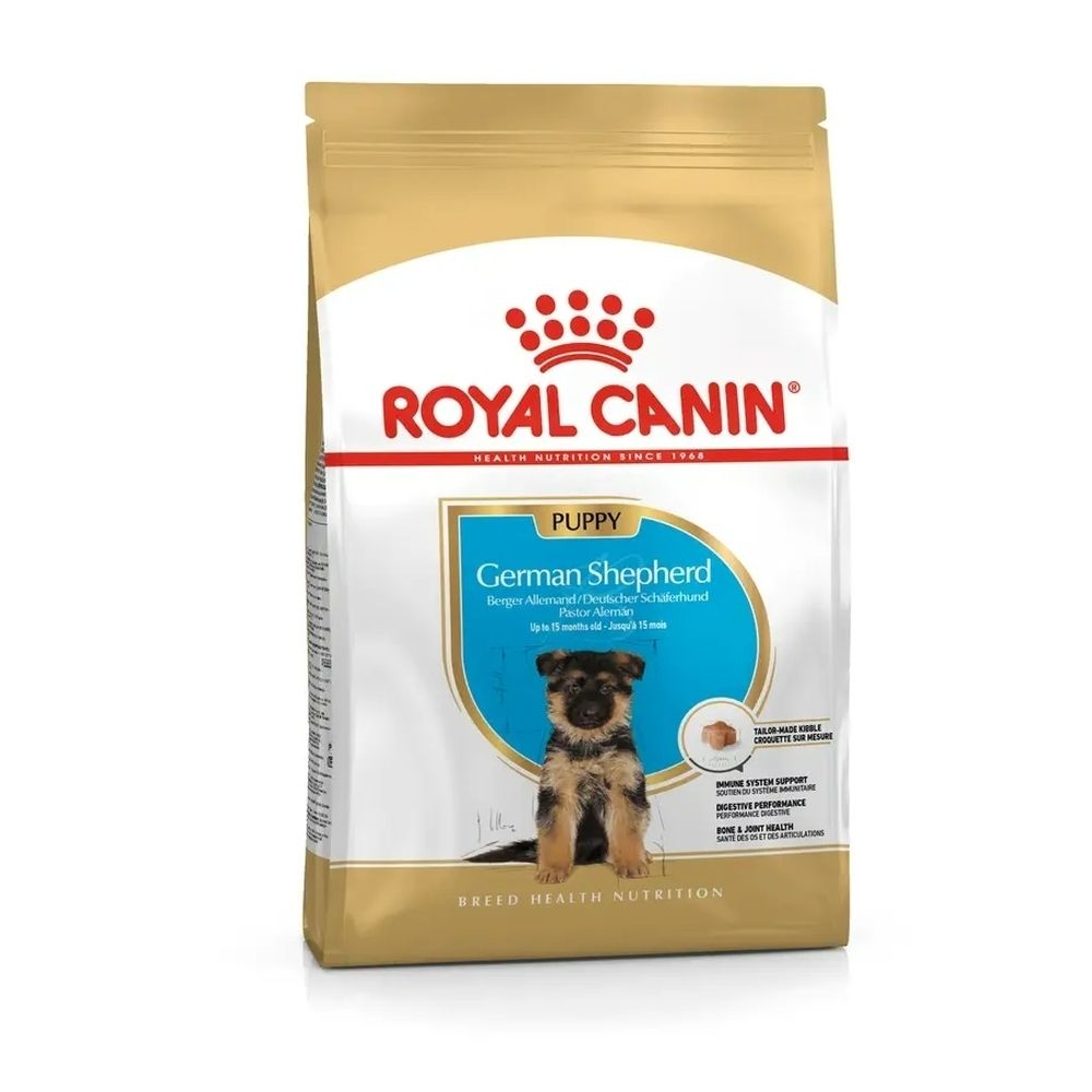 Sac de nourriture Royal Canin German Shepherd Puppy avec un chiot assis et des informations sur le produit.