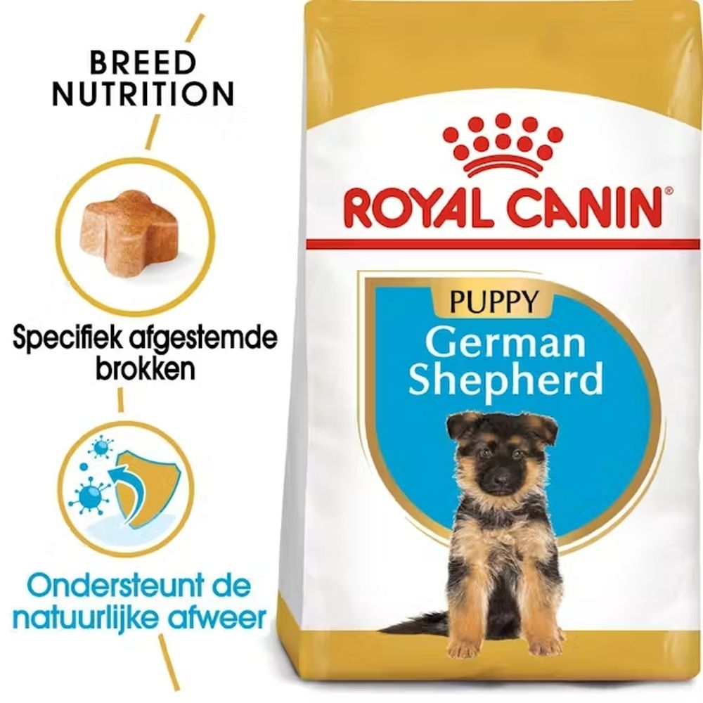 Royal Canin German Shepherd Puppy voerzak met speciaal gevormde brokken en ondersteuning van de natuurlijke afweer.